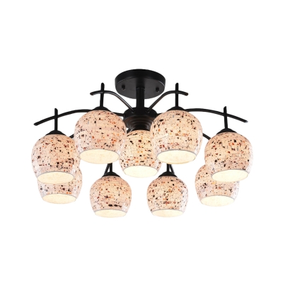 Domed Shaped Semi Flush 6/7/8 Lights Stained Glass Mediterranean Ceiling Light Fixture in Black
