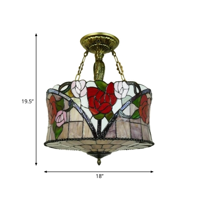 Drum Ceiling Flush Mount 5 Lights Cut Glass Mediterranean Semi Flush in Brass with Flower Pattern