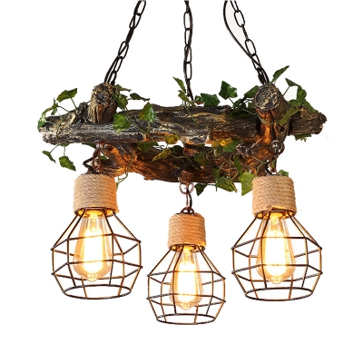 Exposed Bulb Restaurant Chandelier Industrial Resin 3 Bulbs Red/Pink/Green LED Drop Lamp with Flower/Plant/Maple Leaf