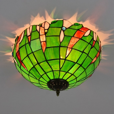 Green 3 Lights Flushmount Light Tiffany Stained Glass Bowl Shaped Ceiling Flush Mount