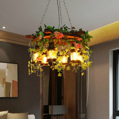 Green Rudder Pendant Chandelier Vintage Metal 6 Bulbs Restaurant LED Hanging Ceiling Light with Plant Decor
