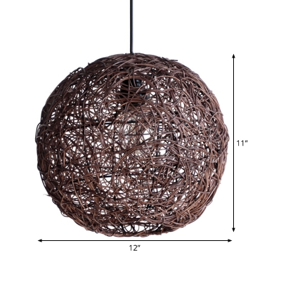 Hand Woven Ceiling Lamp Japanese Rattan 1 Bulb Hanging Pendant Light in Coffee for Bedroom