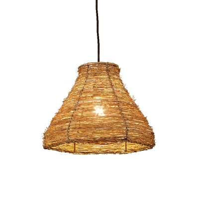 Japanese Bell Pendant Lamp Bamboo 1 Bulb Hanging Light Fixture in Flaxen for Teahouse