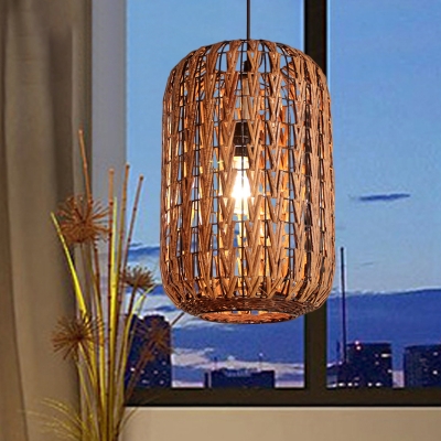 Japanese Cylinder Hanging Light Rattan 1 Bulb Suspended Lighting Fixture in Brown