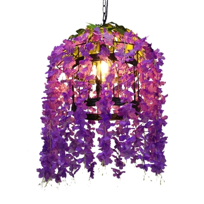 Metal Cylinder Drop Lamp Vintage 1 Light Restaurant LED Pendant Lighting in Pink/Purple with Flower Decoration