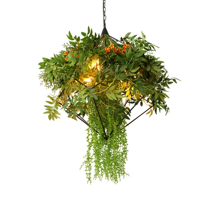Metal Green Chandelier Lamp Rhombus 3 Lights Industrial LED Hanging Ceiling Light with Plant Decor