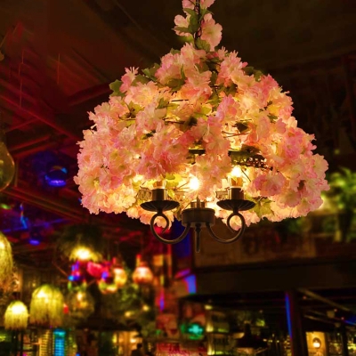 Metal Pink Flower Chandelier Lamp Dome 3 Bulbs Antique Hanging Ceiling Light for Restaurant