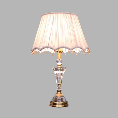 Minimalist Scalloped Table Lamp 1 Head Translucent Crystal Nightstand Light in Pink with Fabric Pleated Shade