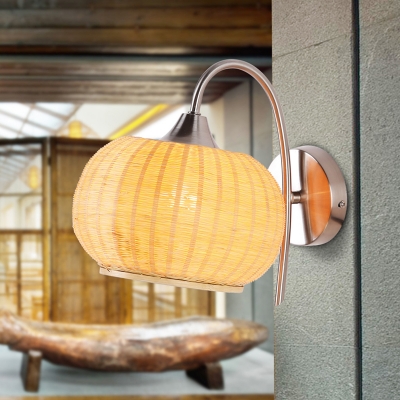 Pumpkin Bamboo Sconce Chinese 1 Head Beige Wall Mounted Light Fixture with Metal Curved Arm