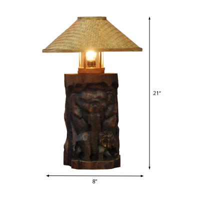 Tapered Task Light Chinese Bamboo 1 Head Beige Small Desk Lamp with Wood Elephant