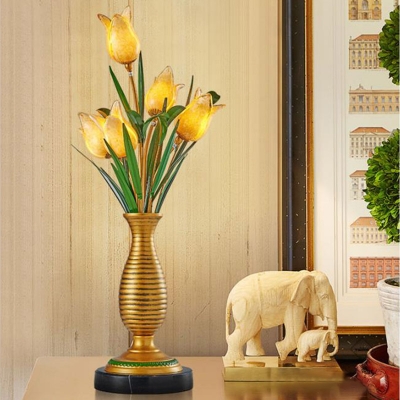 Pastoral Style Tulip Nightstand Lighting 5-Light Amber Glass Night Table Lamp in Gold for Living Room