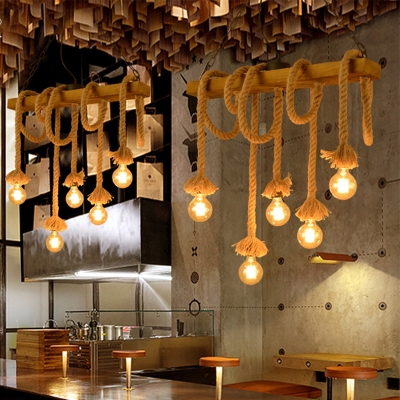Wood Open Bulb Island Lighting Industrial Style 5/8 Lights Restaurant Hanging Billiard Light in Beige