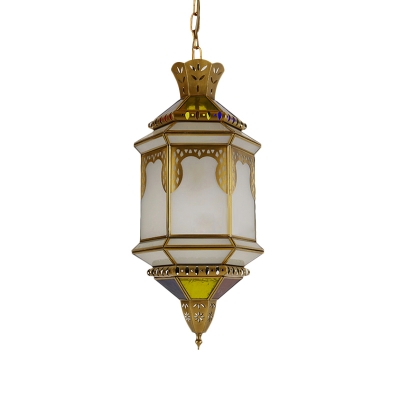 1 Bulb Hanging Light Fixture Art Deco Restaurant Suspension Pendant Lamp with Lantern White Glass Shade in Brass