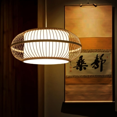 1 Bulb Tearoom Hanging Lamp Japanese Beige Suspended Lighting Fixture with Lantern Bamboo Shade