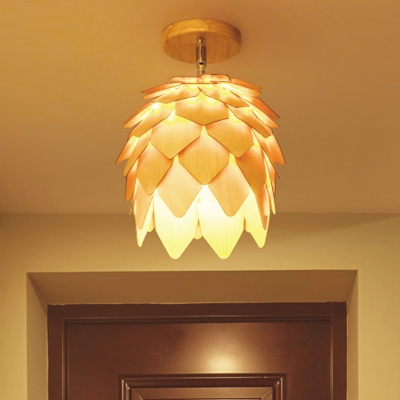 1 Head Bedroom Semi Flush Light Asia Beige Close to Ceiling Lamp with Domed Wood Shade