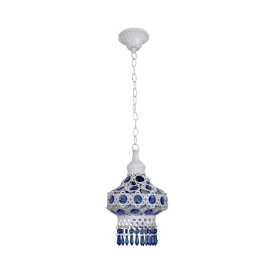 1-Bulb Metal Ceiling Suspension Lamp Retro White/Blue Lantern Dining Room Hanging Light Fixture