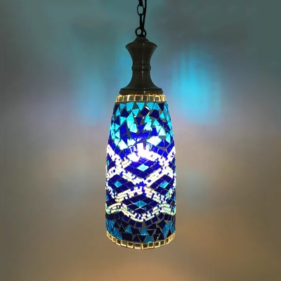 1 Head Pendant Lighting Vintage Cylinder Red/Yellow/Blue Stained Glass Shade Hanging Lamp Fixture