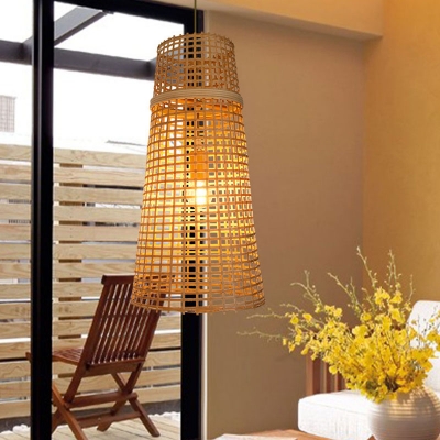 1 Head Tearoom Hanging Light Asian Beige Pendant Lighting Fixture with Bell Bamboo Shade