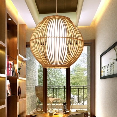 1 Head Tearoom Pendant Lighting Asian Beige Hanging Ceiling Light with Cage Bamboo Shade