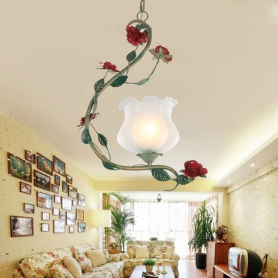 1-Bulb Suspension Pendant Countryside Bloom White Glass Ceiling Light for Living Room