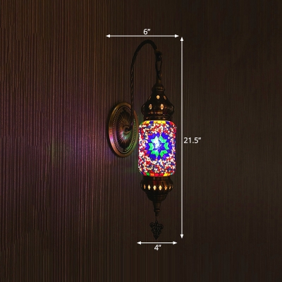 1 Light Wall Lighting Art Deco Corridor Sconce Lamp Fixture with Cylindrical Stained Glass Shade in Purple/Gold/Rose Red