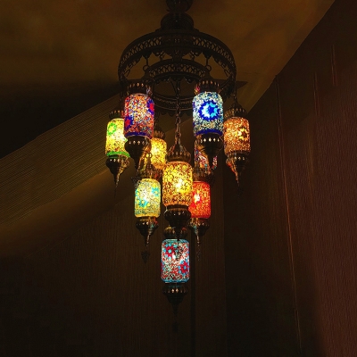 10 Lights Cylinder Chandelier Lighting Art Deco Pink-Blue-Yellow Glass Hanging Lamp