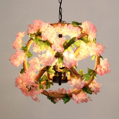 4 Heads Metal Pendant Chandelier Industrial Pink Globe Restaurant LED Down Lighting with Cherry Blossom Decor