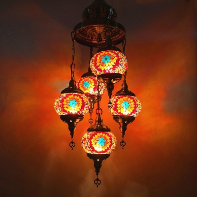 5 Bulbs Pendant Chandelier Traditional Restaurant Suspension Lamp with Oval Red/Orange/Blue Stained Glass Shade
