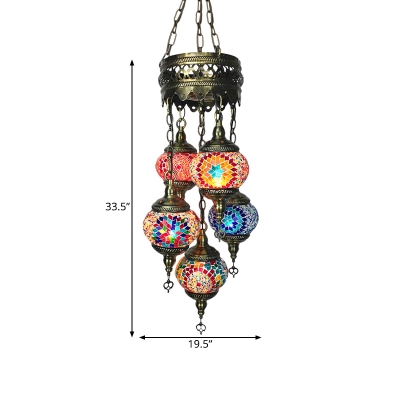 5 Bulbs Stained Glass Chandelier Lamp Vintage Blue/Orange 3 Layer Restaurant Hanging Ceiling Light