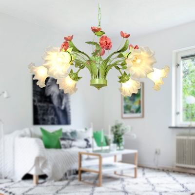 6 Bulbs Scallop Pendant Lamp Traditionalism Green Frosted Glass Chandelier Light Fixture for Living Room