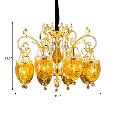 8 Bulbs Pendant Chandelier Traditional Restaurant Hanging Ceiling Light with Urn Dimpled Glass Shade in Gold