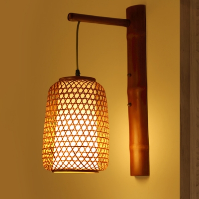 Bamboo Lantern Sconce Light Asia 1 Head Red Brown Wall Mounted Lamp with Inner Tube White Parchment Shade