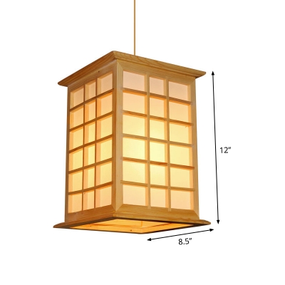 Beige Rectangular Ceiling Light Asian 1 Bulb Wood Suspended Lighting Fixture for Restaurant