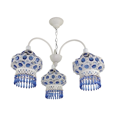 Blue 3-Bulb Chandelier Light Traditional Metal Lantern Pendant Lighting Fixture for Living Room