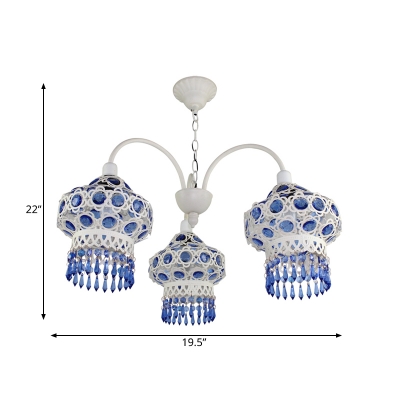 Blue 3-Bulb Chandelier Light Traditional Metal Lantern Pendant Lighting Fixture for Living Room