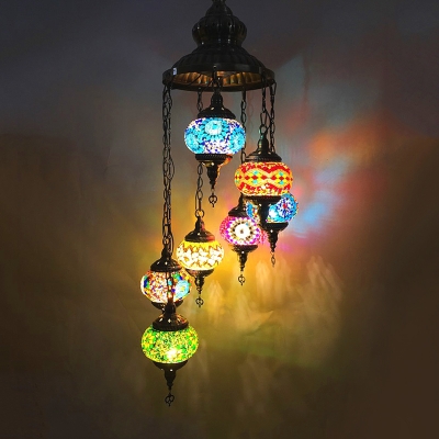 Blue Rotate Hanging Chandelier Vintage Stained Glass 7 Heads Bar Ceiling Pendant Lamp