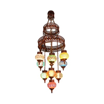 Bohemia Ball Ceiling Pendant Lamp 10 Lights Purple Stained Glass Chandelier Light Fixture with Metal Ring