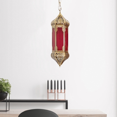 Brass 1 Light Ceiling Hang Fixture Vintage Red Glass Geometric Pendant Lighting for Dining Room