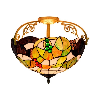 Brass Grape Ceiling Mount Tiffany Style 2/3 Lights Cut Glass Semi Flush Light for Bedroom