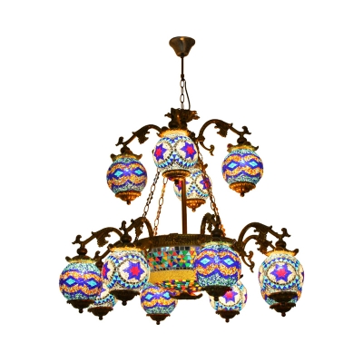 Brass Radial Chandelier Lighting Traditional Stained Glass 4/9/12 Bulbs Restaurant Ceiling Hang Fixture with Round Canopy