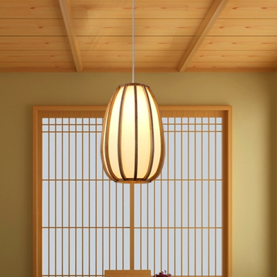Chinese 1 Head Pendant Lighting Beige Teardrop Hanging Ceiling Light with Wood Shade