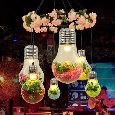 Clear Glass Bulb Chandelier Lamp Industrial 6 Lights Restaurant LED Ceiling Pendant in Black with Flower Decoration