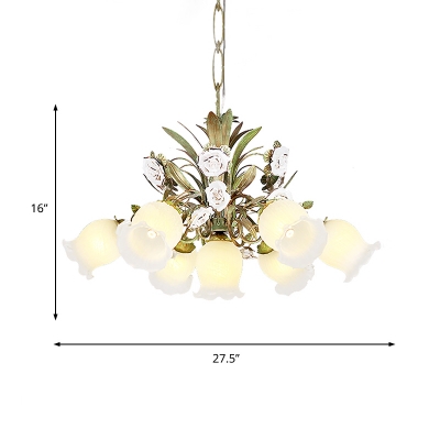 Floral Cream Glass Chandelier Light Traditionalism 4/7/9 Bulbs Bedroom LED Pendant Lamp in Green