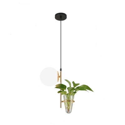 Globe Milk White/Smoke Grey Glass Hanging Pendant Light Industrial 1 Head Living Room Suspension Lamp in Black/Gold with Plant Decoration