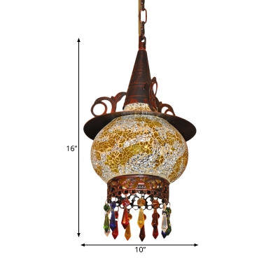 Hat Shaped Corridor Suspension Lighting Art Deco Stained Glass 1 Light White and Red/White and Yellow Pendant Lamp with Crystal Accent