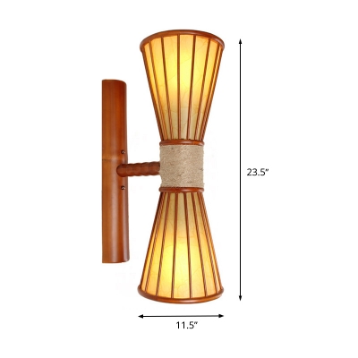Hourglass Sconce Light Chinese Bamboo 2 Bulbs Wall Mounted Lighting in Red Brown