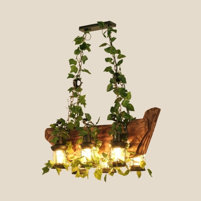 Lantern Restaurant Island Lighting Antique Wooden 6-Bulb Pink/Green LED Pendant Lamp with Plant/Flower Decor