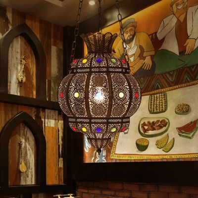 Lantern Shape Restaurant Hanging Lighting Traditional Metal 1 Bulb Black Ceiling Lamp