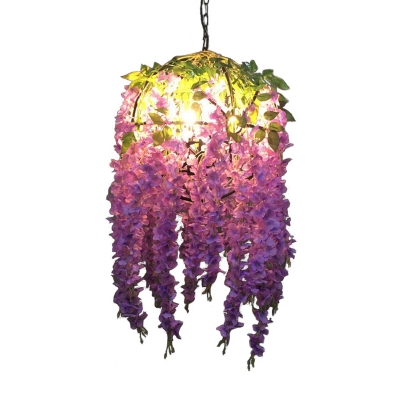 Orb Metal Chandelier Pendant Light Antique 4 Lights Restaurant Suspension Lamp in Purple with Flower Decoration