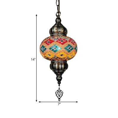 Oval Stained Glass Hanging Lighting Art Deco 1 Bulb Bar Pendant Lamp Fixture in Beige/Blue/Yellow